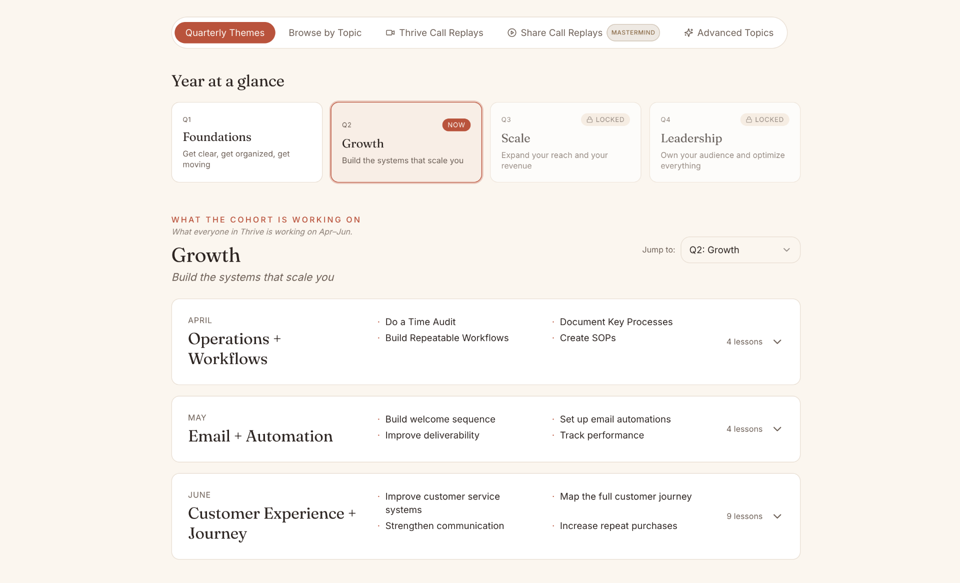 Thrive dashboard showing quarterly themes and cohort curriculum